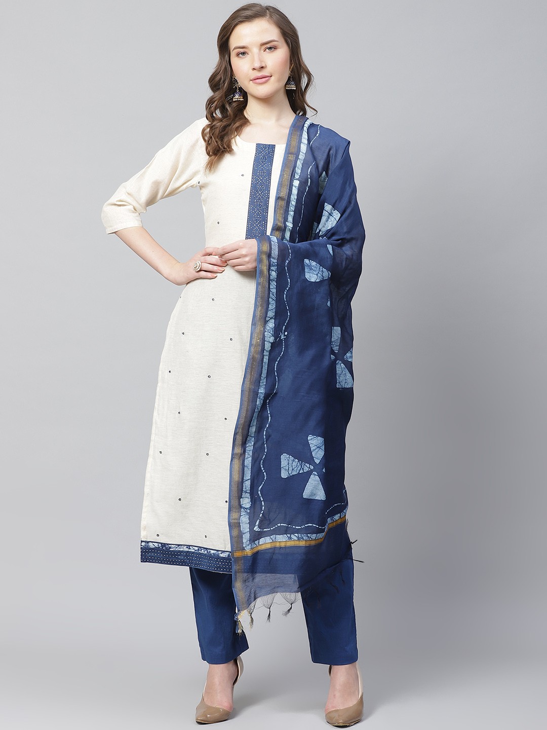 

Readiprint Fashions Off-White & Navy Blue Solid Unstitched Dress Material
