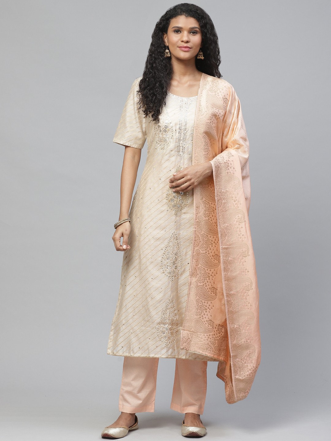 

Readiprint Fashions Beige & Peach-Coloured Mirror Work Unstitched Dress Material, Off white