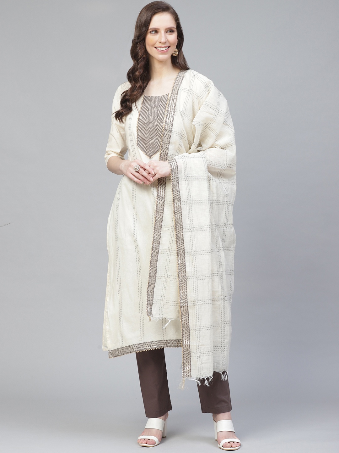 

Readiprint Fashions Off-White & Brown Kantha Work Chanderi Unstitched Dress Material