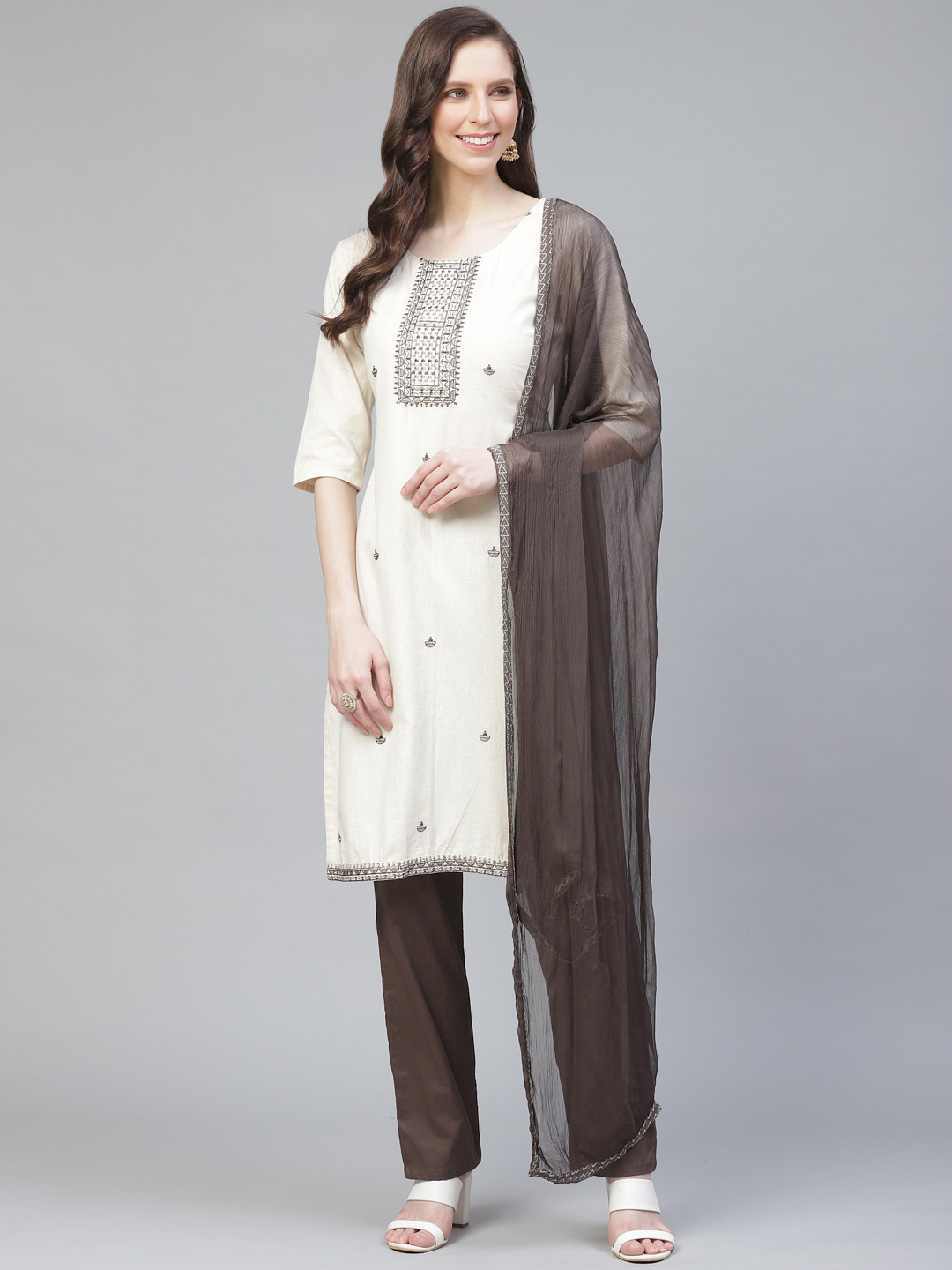 

Readiprint Fashions Cream-Coloured & Brown Embroidered Unstitched Dress Material