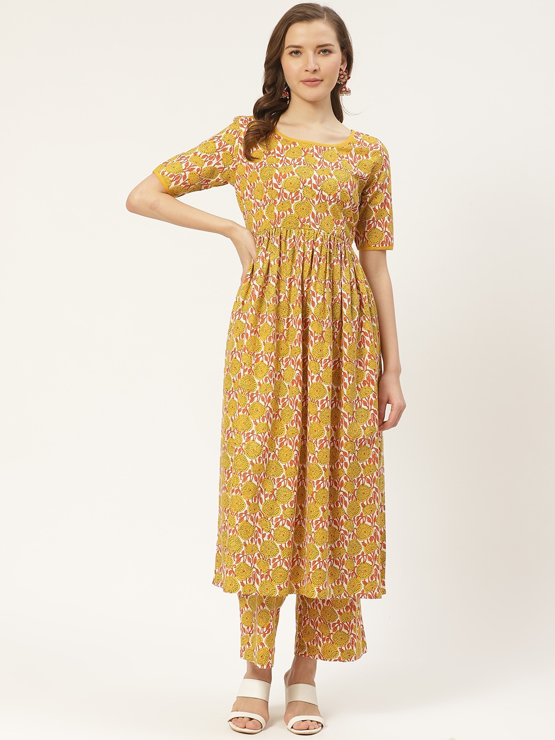 

Aayna Women Yellow & Orange Block Print Handloom A-Line Kurta