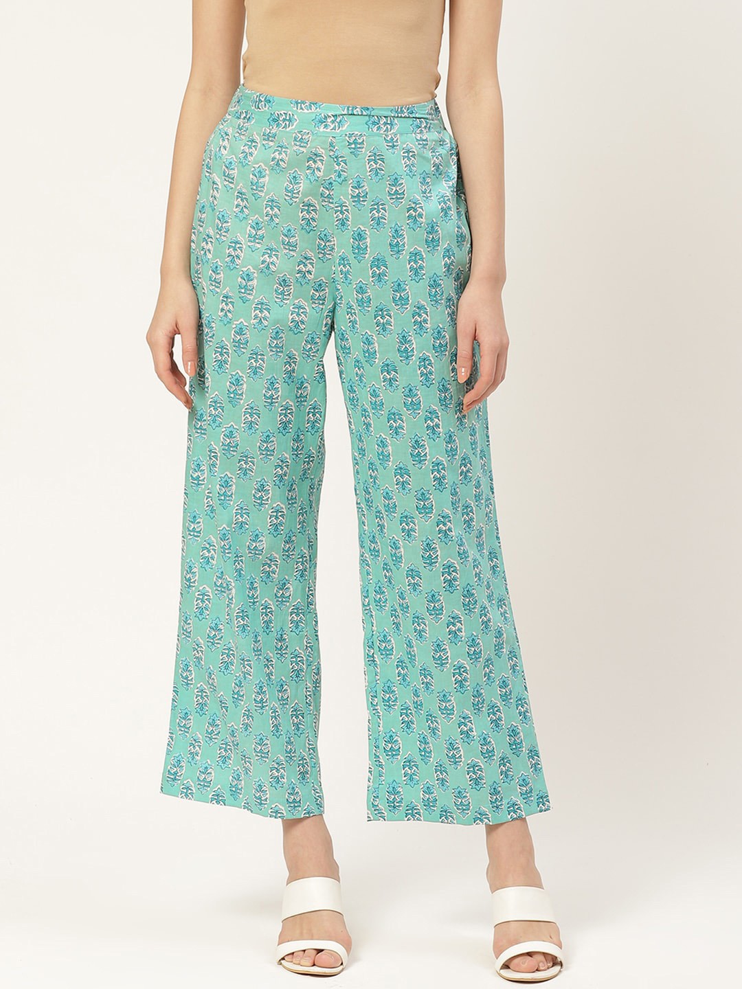 

Aayna Women Sea Green & Blue Handloom Printed Straight Palazzos