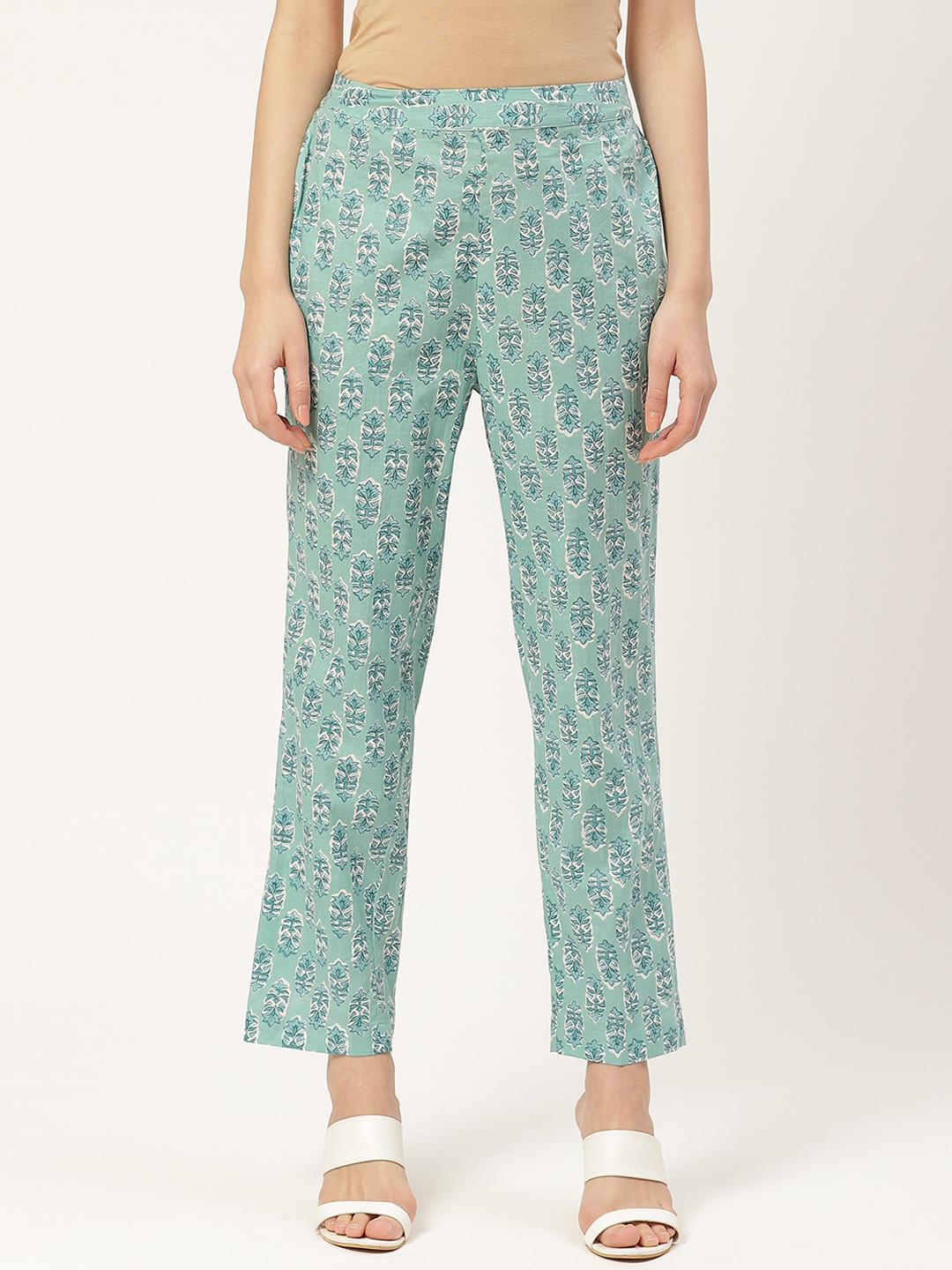 

Aayna Women Sea Green & Blue Tapered Fit Printed Regular Trousers