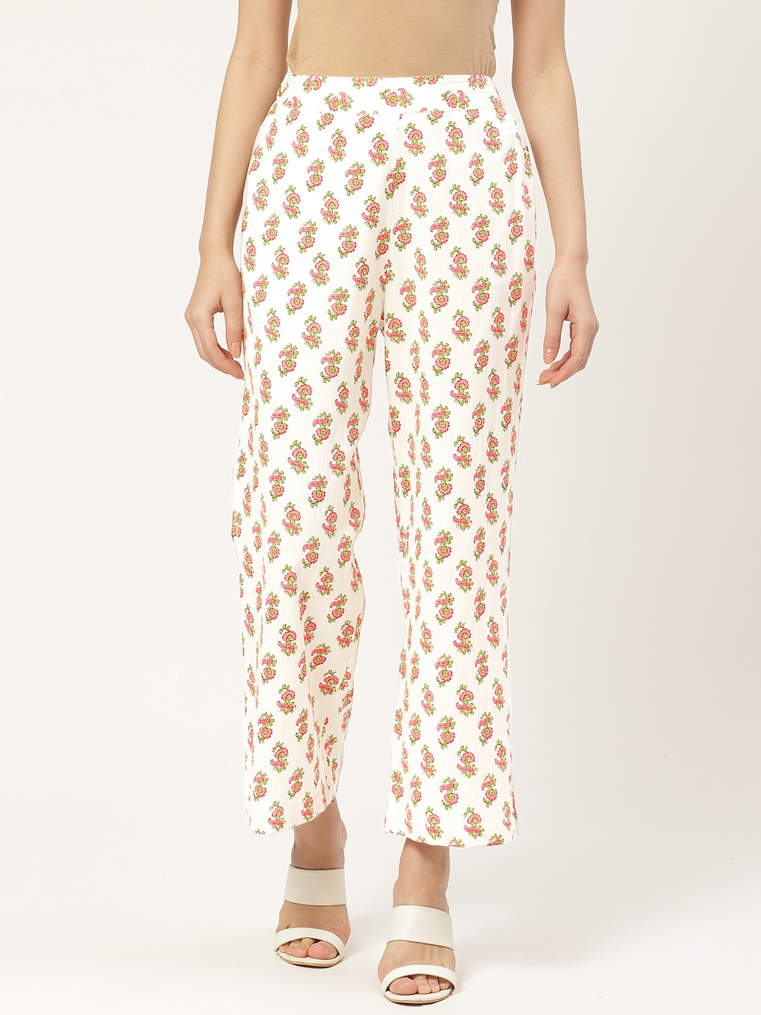 

Aayna Women Off-White & Pink Handloom Printed Straight Palazzos