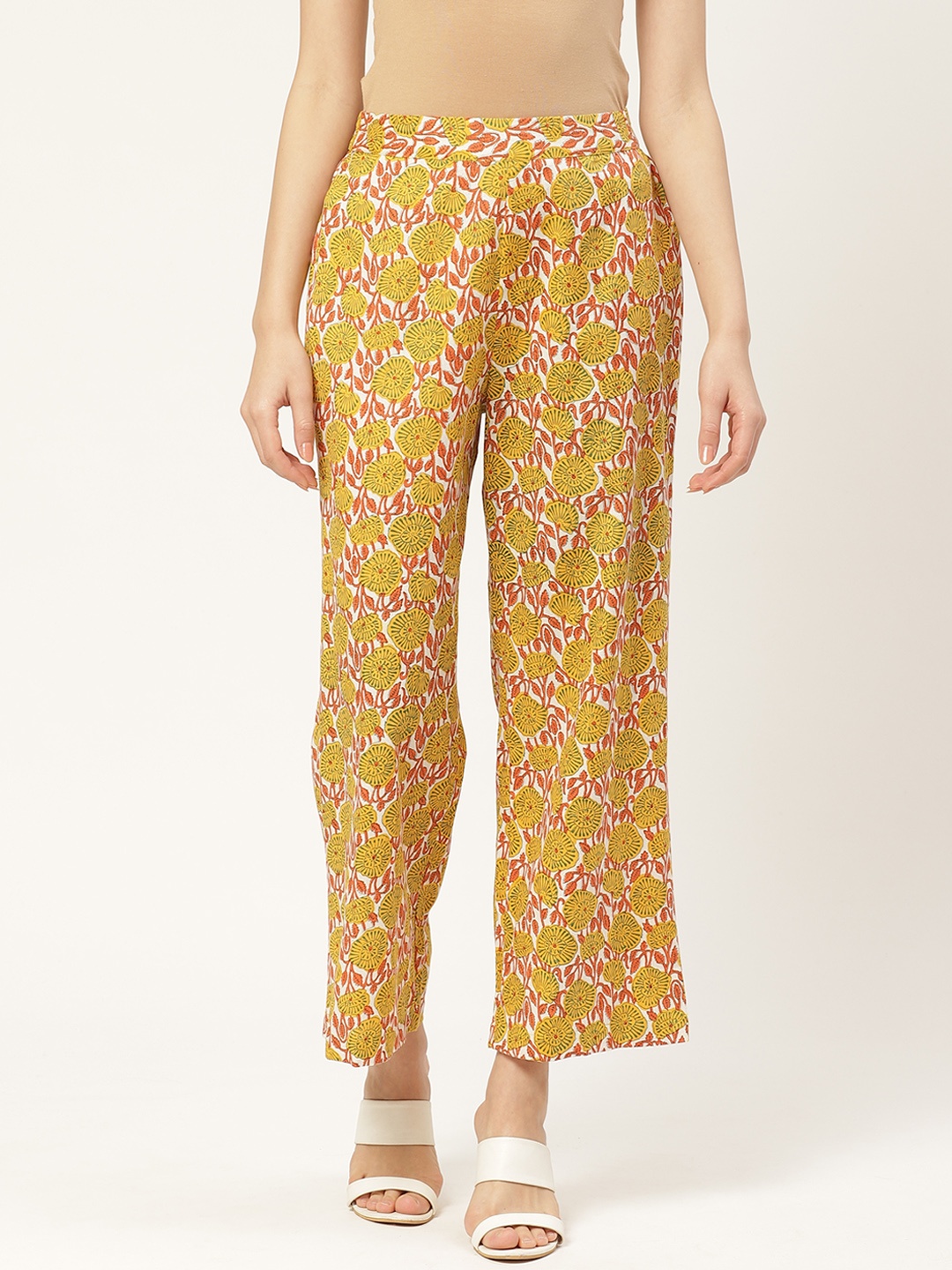 

Aayna Women Mustard Yellow & Pink Handloom Printed Straight Palazzos