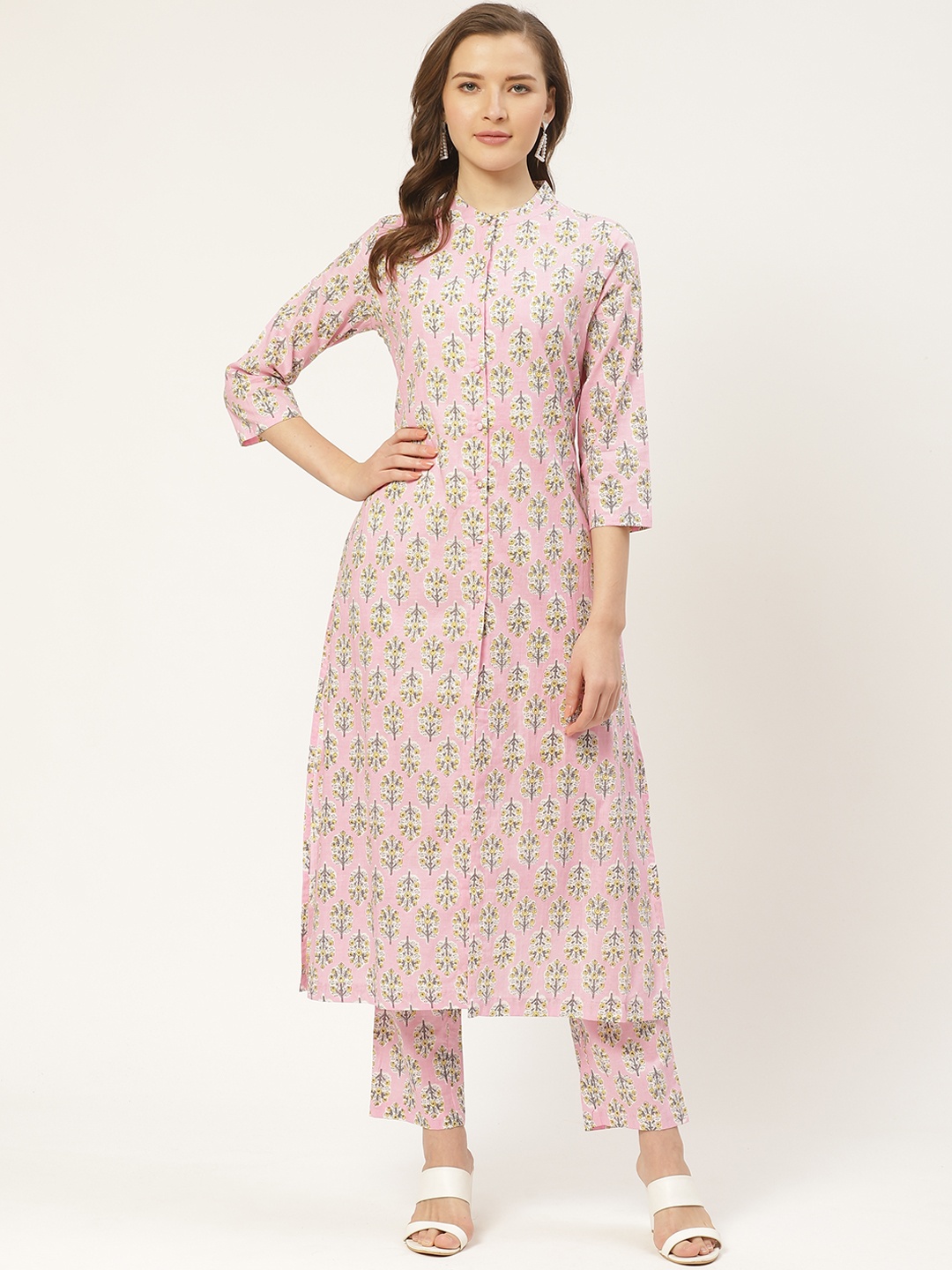 

Aayna Women Pink & Grey Handloom Block Print Straight Kurta