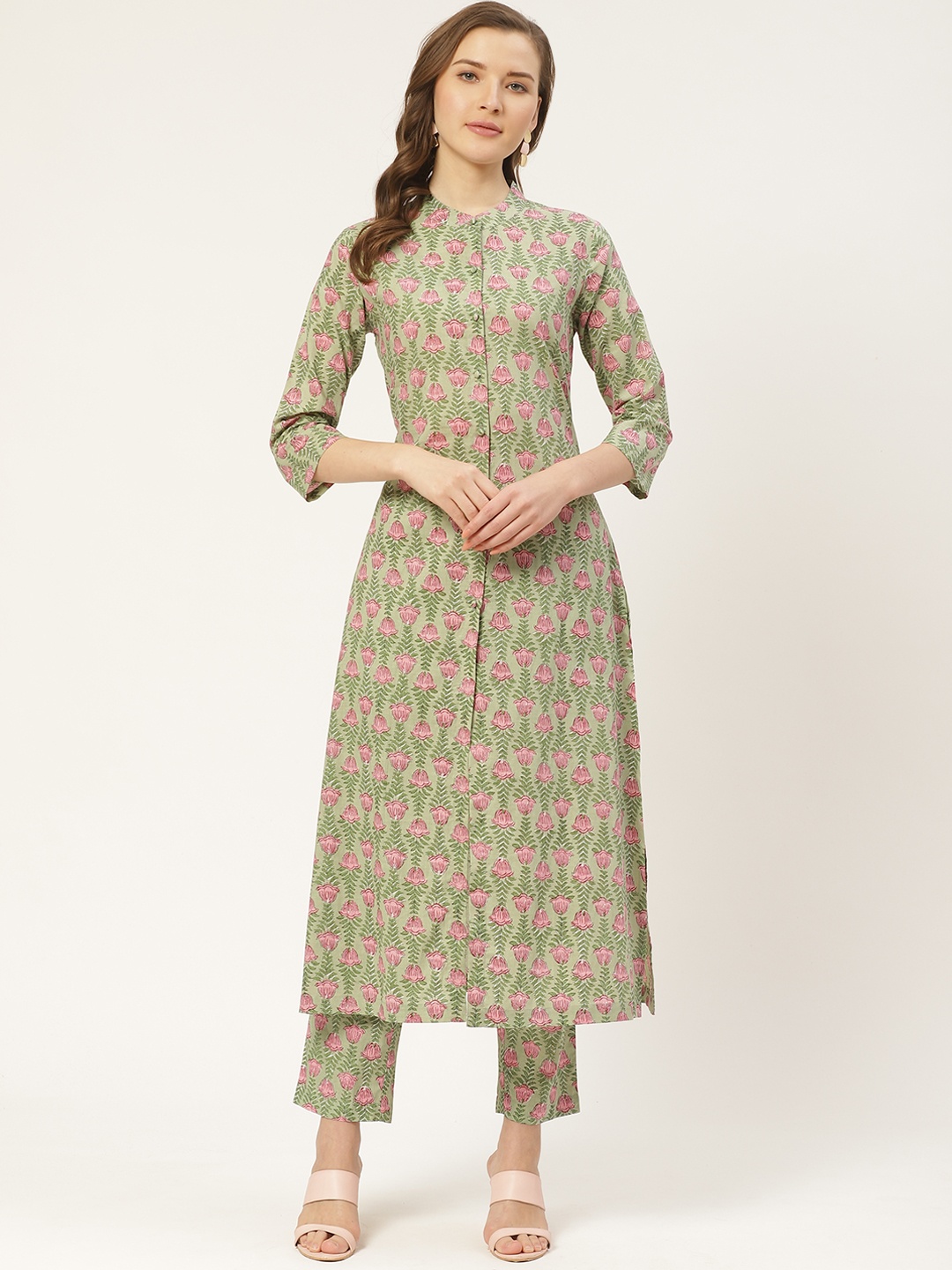 

Aayna Women Green & Pink Handloom Block Print Straight Kurta