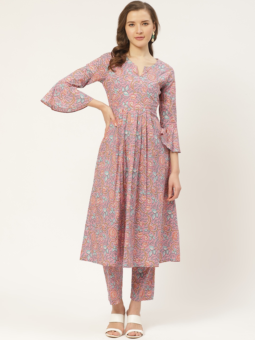 

Aayna Women Pink & Blue Handloom Block Print A-Line Kurta