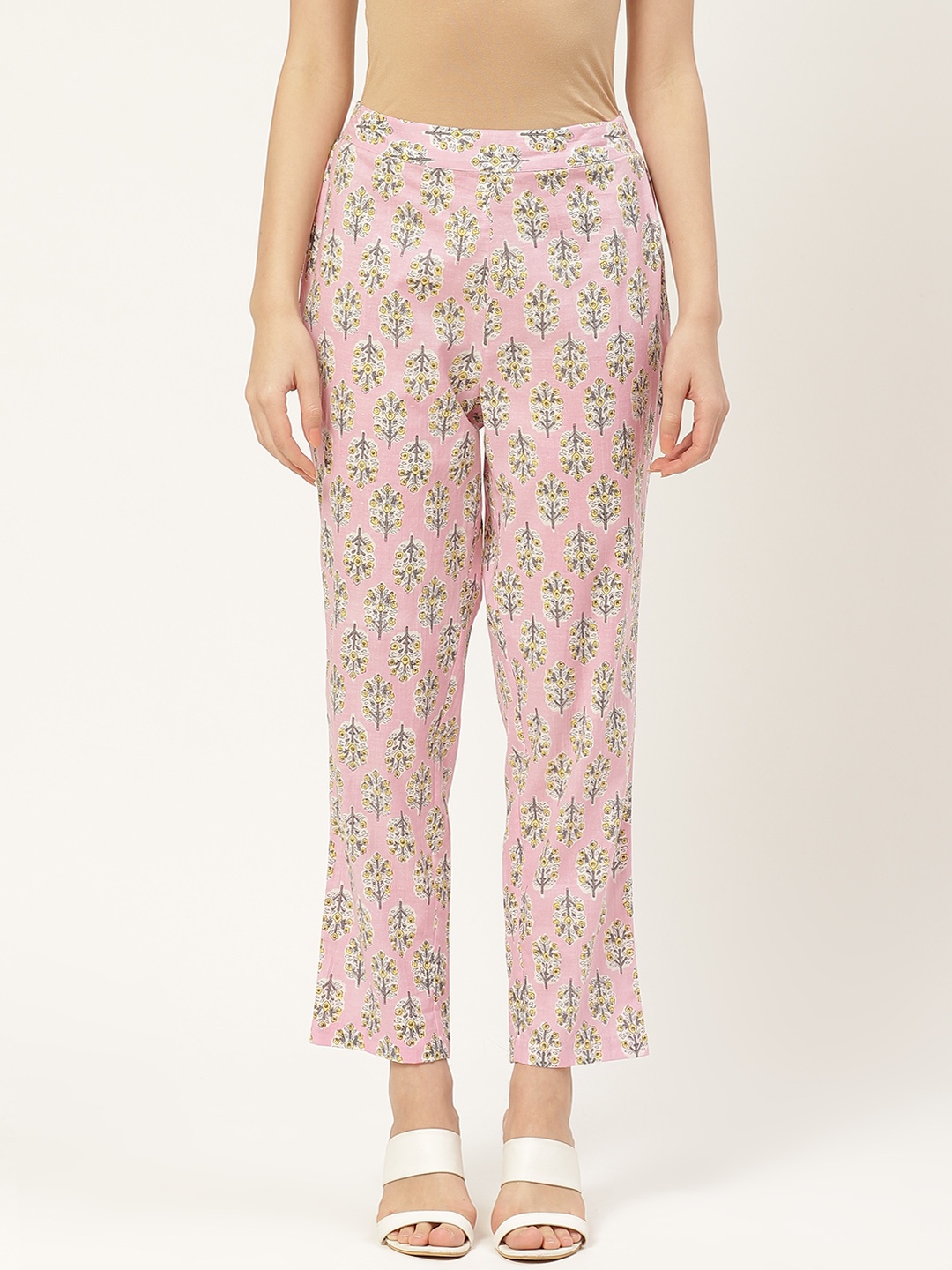 

Aayna Women Pink & Grey Tapered Fit Printed Regular Trousers