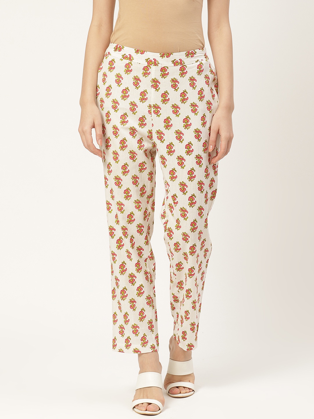 

Aayna Women Off-White & Pink Tapered Fit Printed Regular Trousers