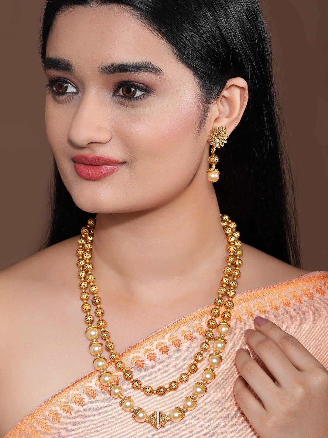 

Rubans 22K Gold Plated Handcrafted Layered Pearl & Beaded Filigree Necklace Set