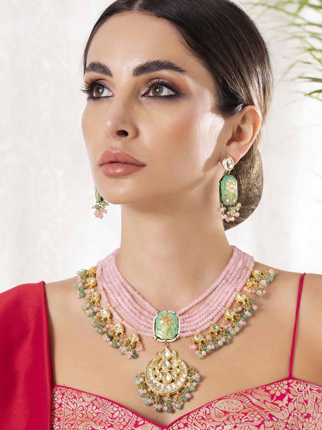 

Rubans Gold-Plated Pink & Green Enamelled Beaded Kundan-Studded Handcrafted Jewellery Set