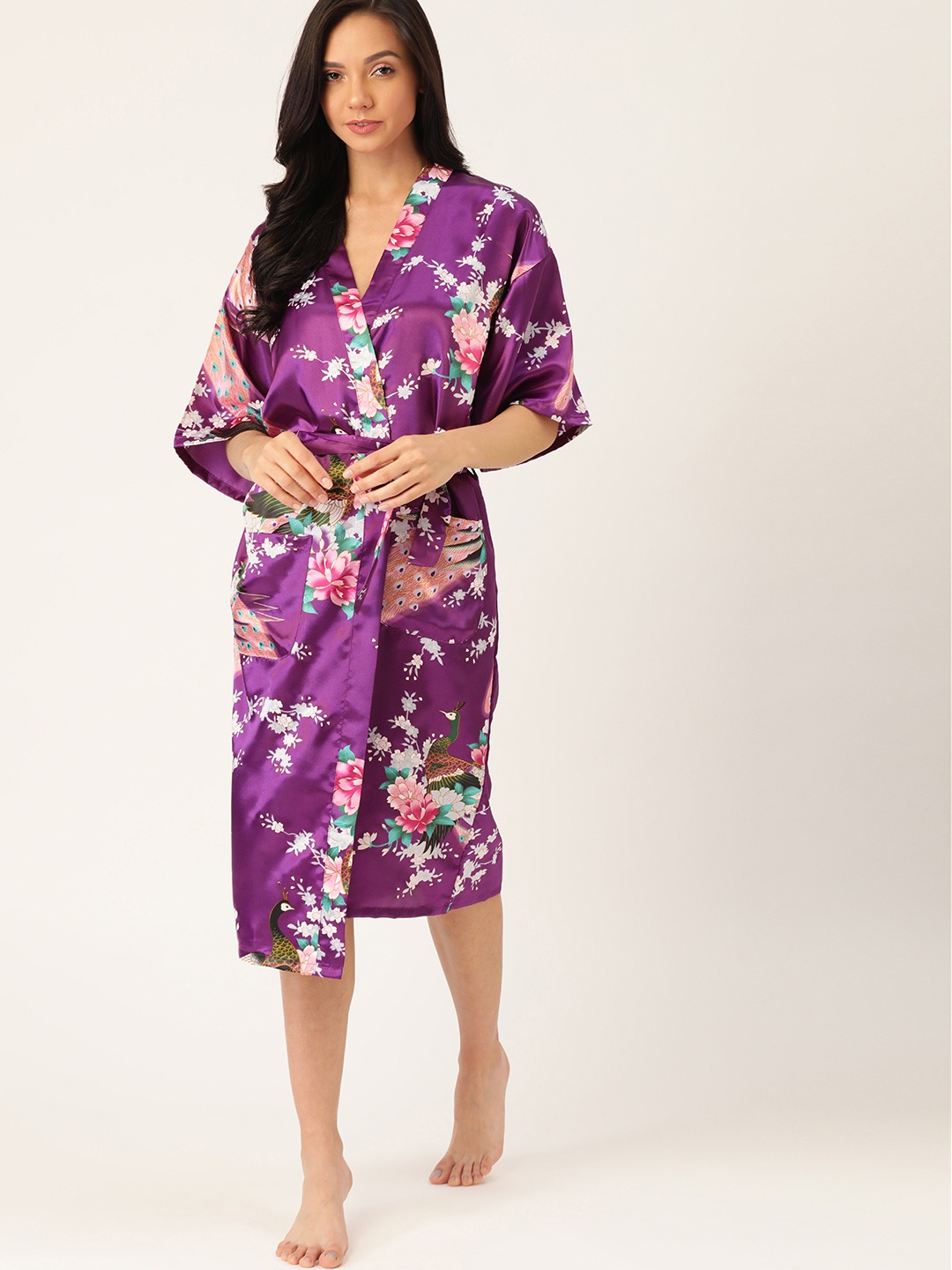 

ETC Women Purple & White Floral Print Satin Finish Robe with Belt