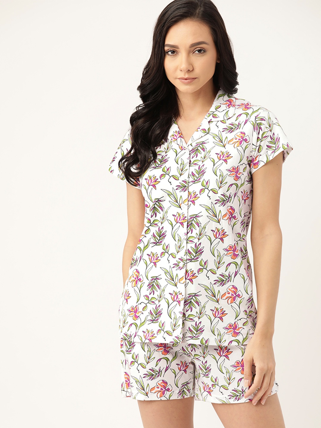 

ETC Women White & Purple Pure Cotton Floral Print Nightsuit