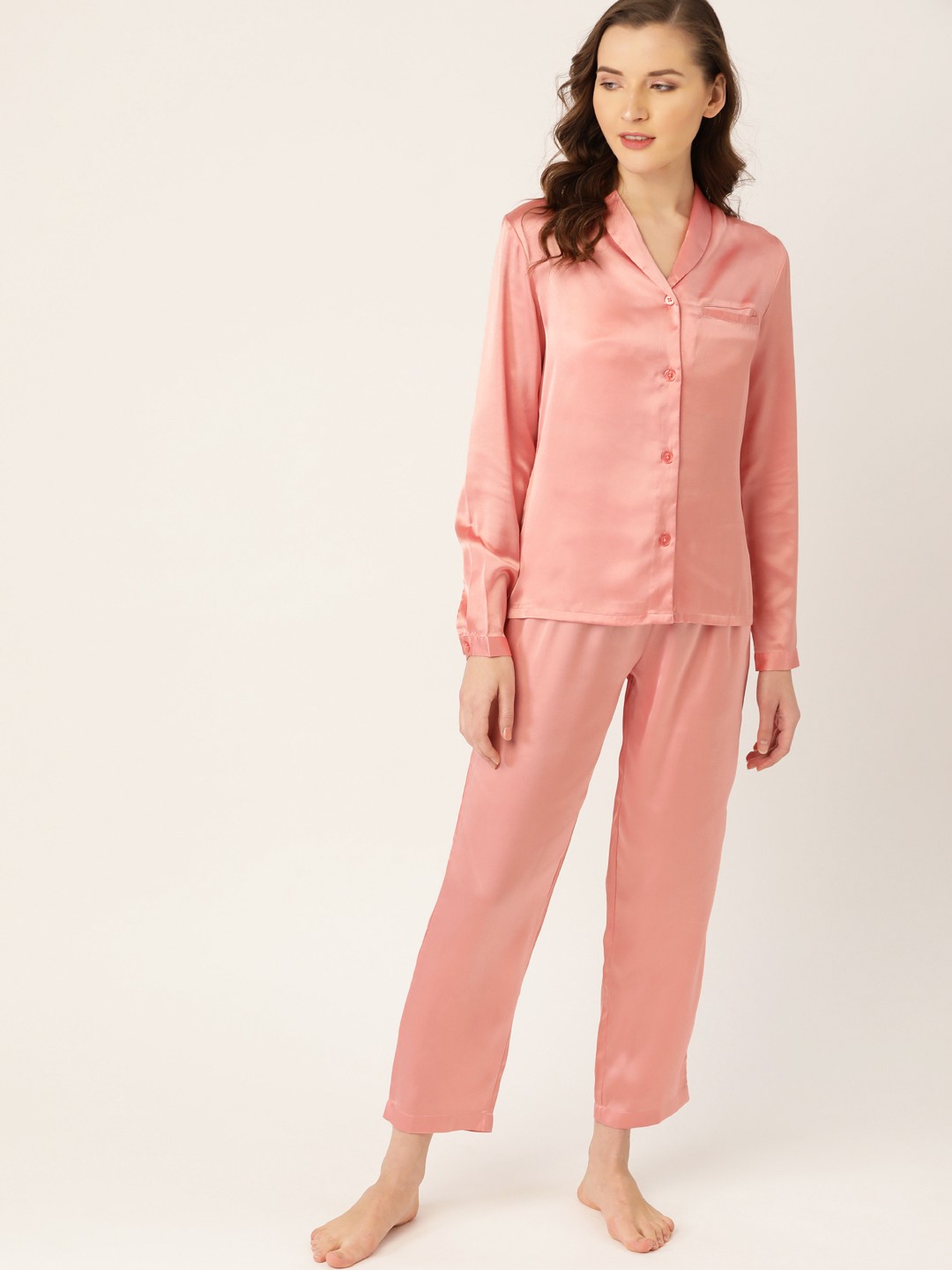 

ETC Women Peach-Coloured Solid Satin Finish Night Suit