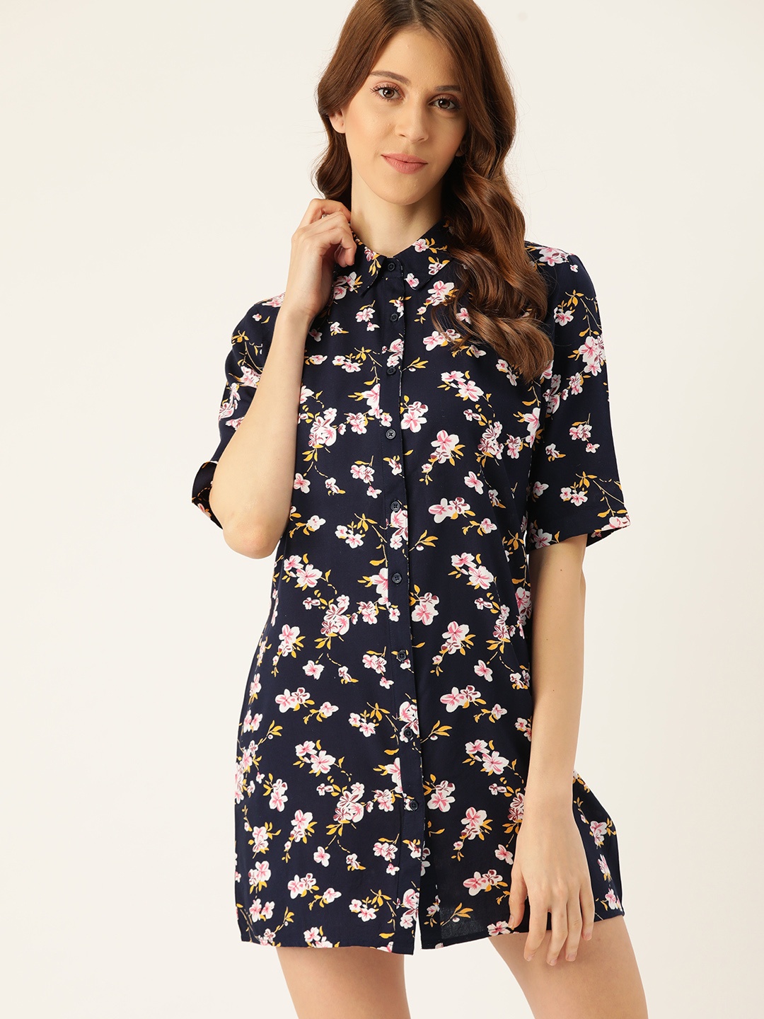 

ETC Navy Blue & White Floral Print Sleep Shirts