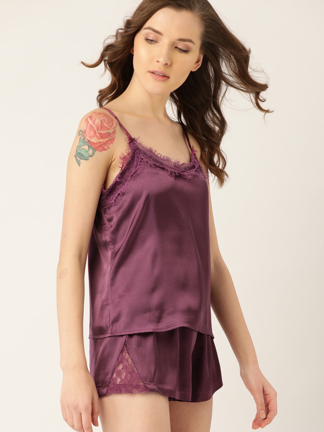 

ETC Women Purple Satin Finish Solid Night suit