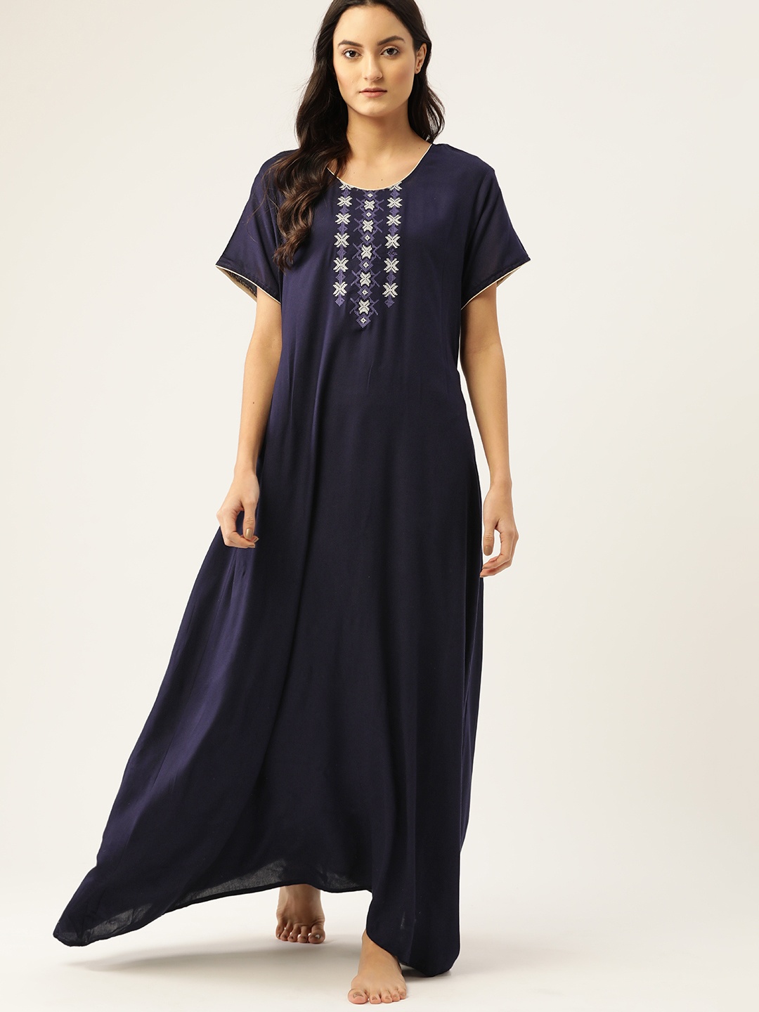 

ETC Women Navy Blue & Grey Solid Maxi Nightdress