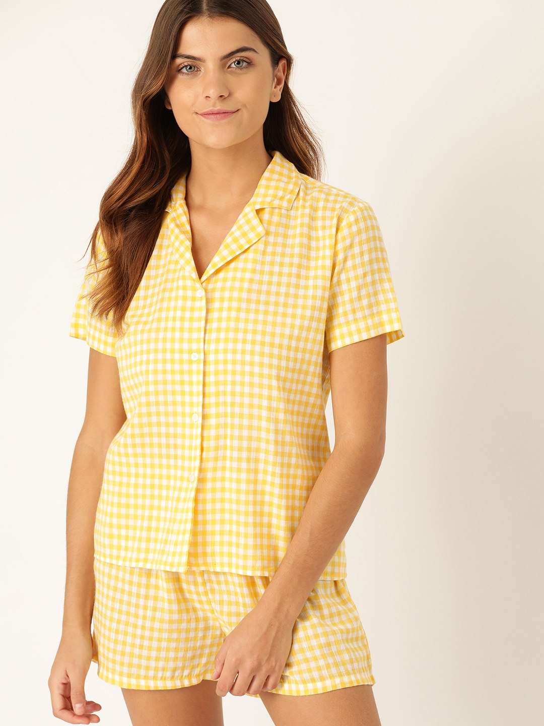 

ETC Women Yellow & White Checked Night Suit