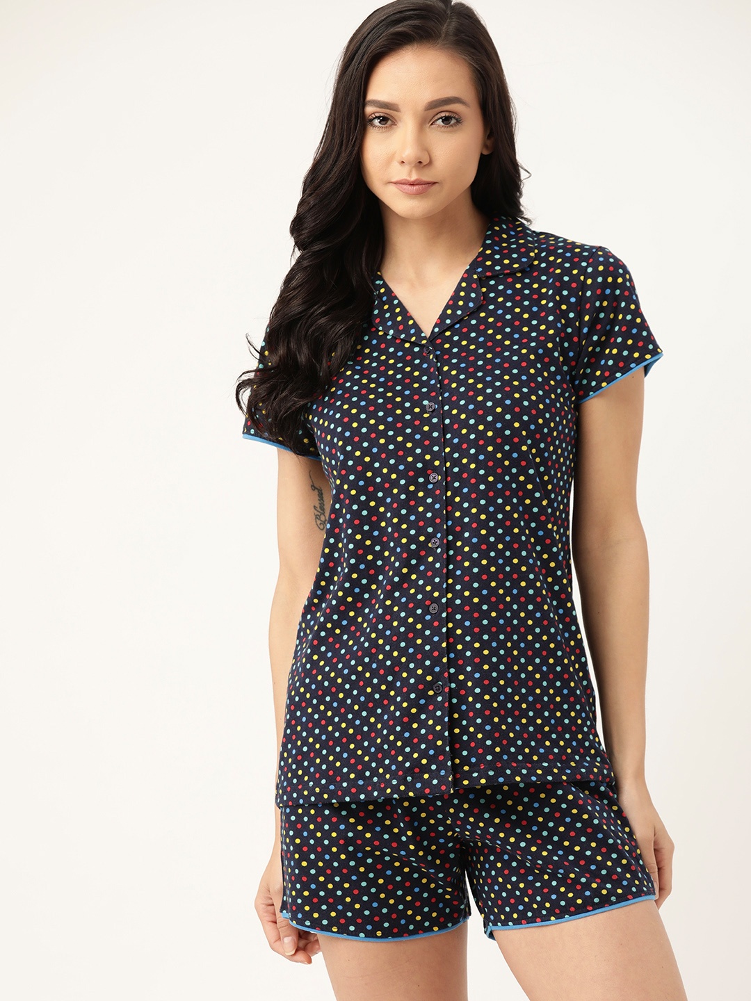 

ETC Women Navy Blue & Yellow Pure Cotton Polka Dots Print Nightsuit
