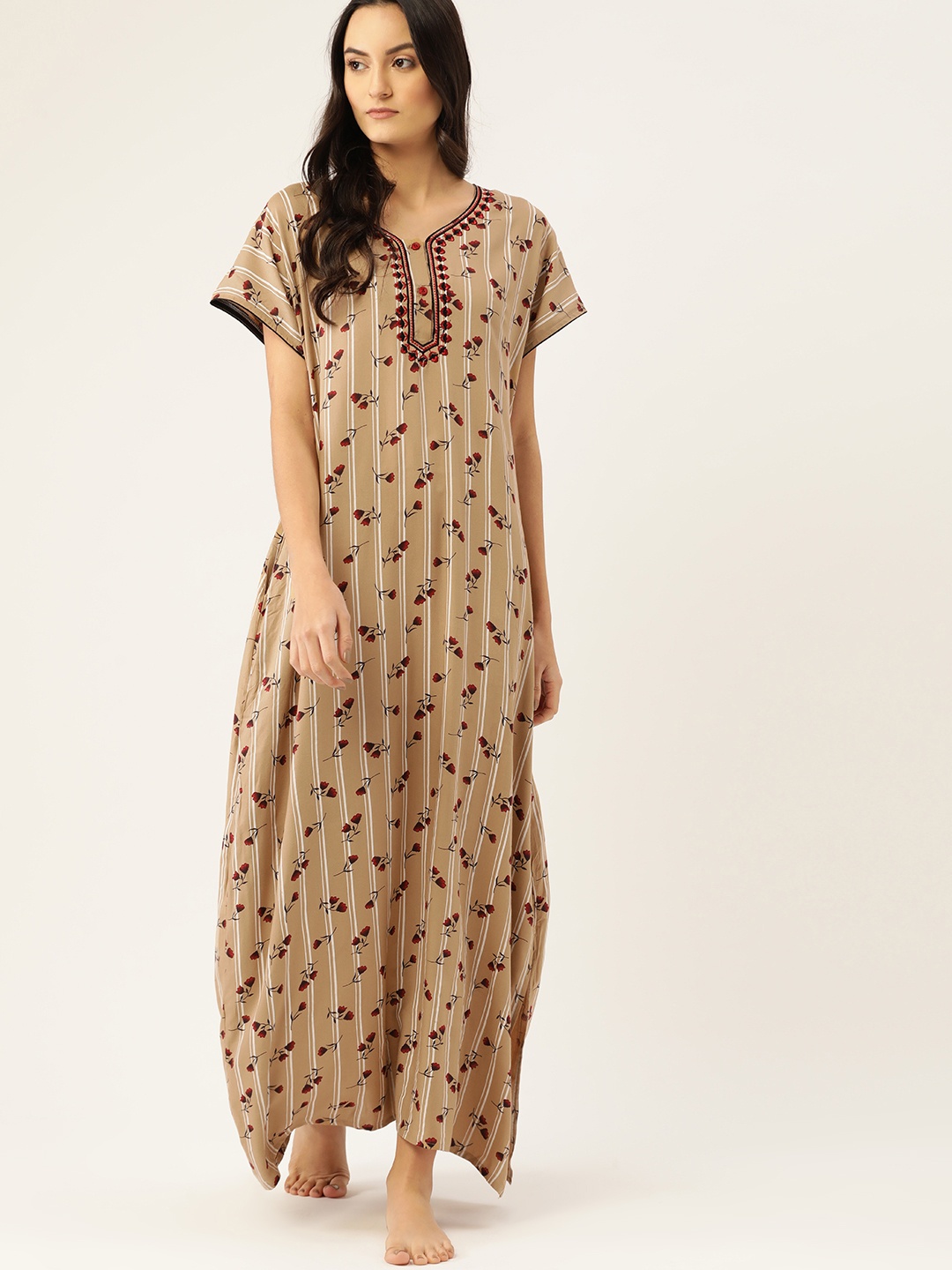 

ETC Beige & Maroon Floral Printed Maxi Nightdress