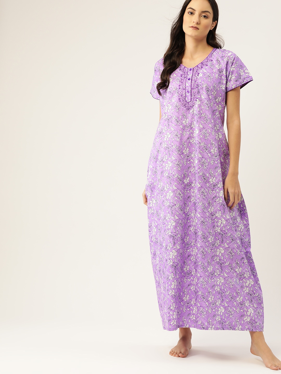 

ETC Lavender & White Ethnic Motifs Print Pure Cotton Maxi Nightdress