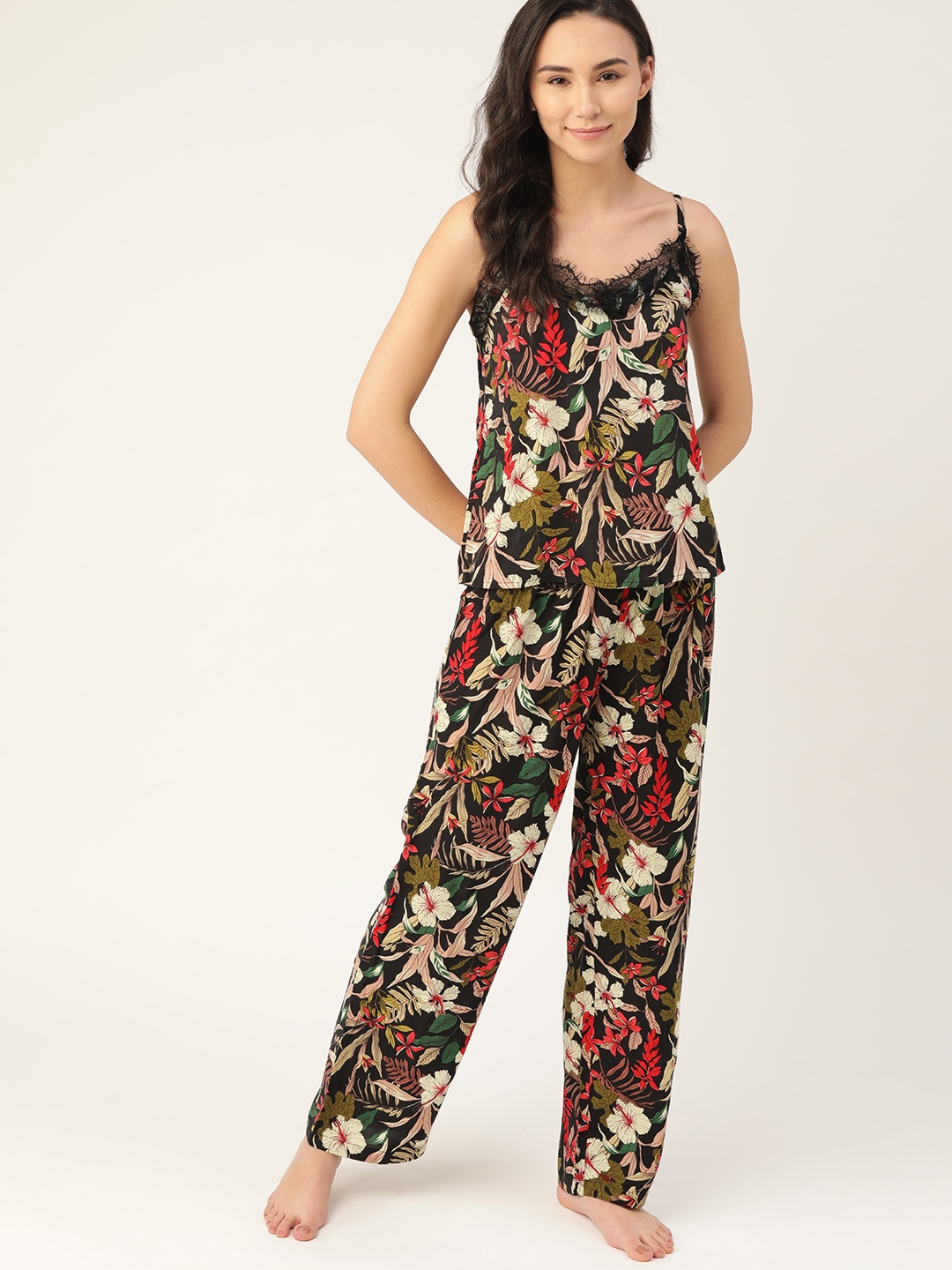 

ETC Women Black & Off-White Floral Print Night Suit