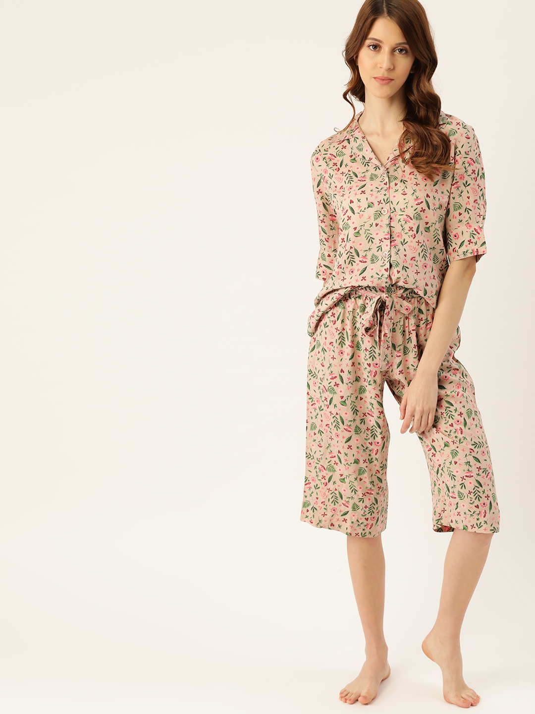 

ETC Women Beige & Pink Floral Printed Night suit
