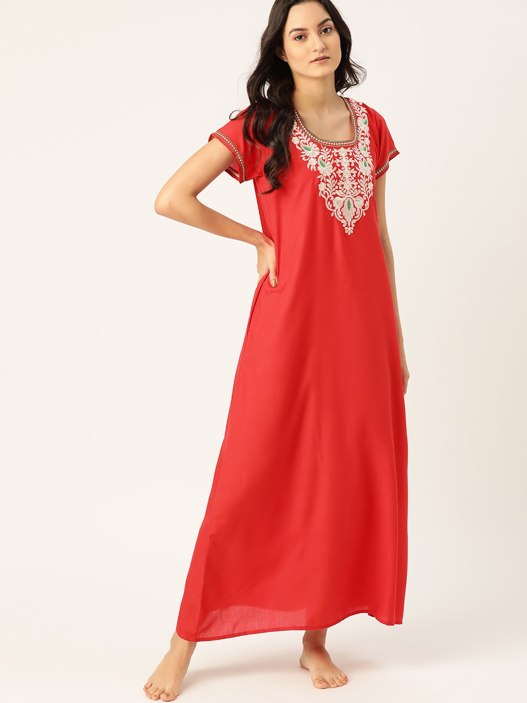 

ETC Women Red Embroidered Detail Maxi Nightdress