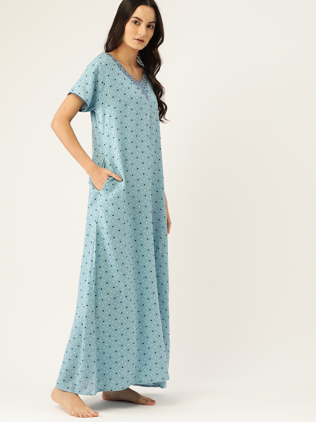 

ETC Blue & White Polka Dot Print Maxi Nightdress with Floral Embroidered Detail