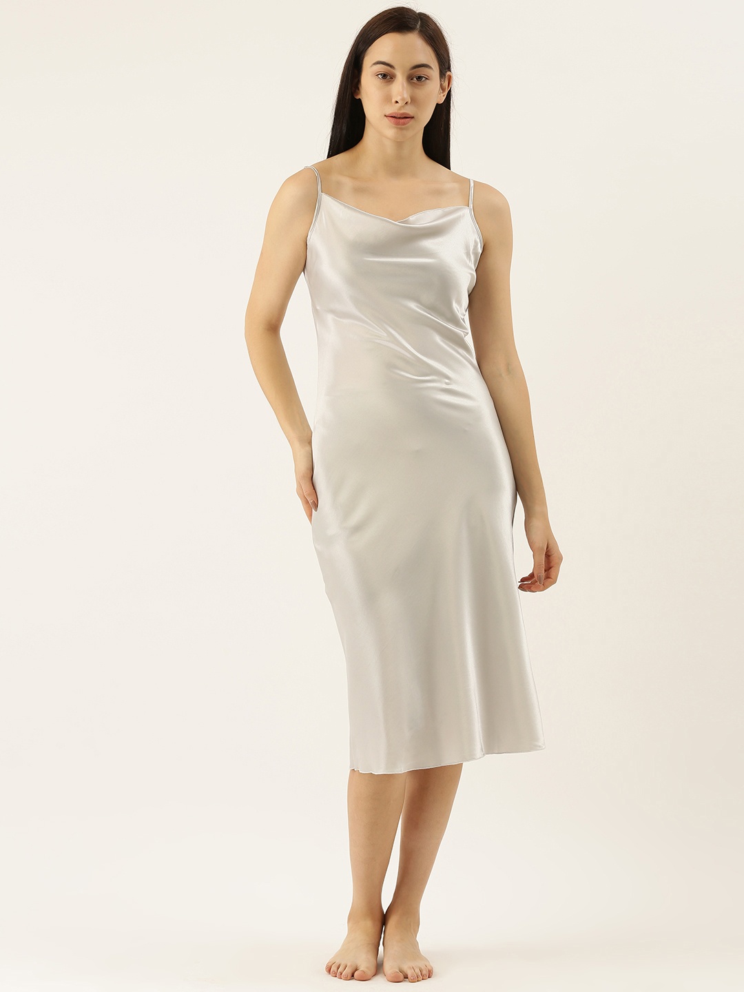 

ETC Women Grey Solid Satin Finish Nightdress