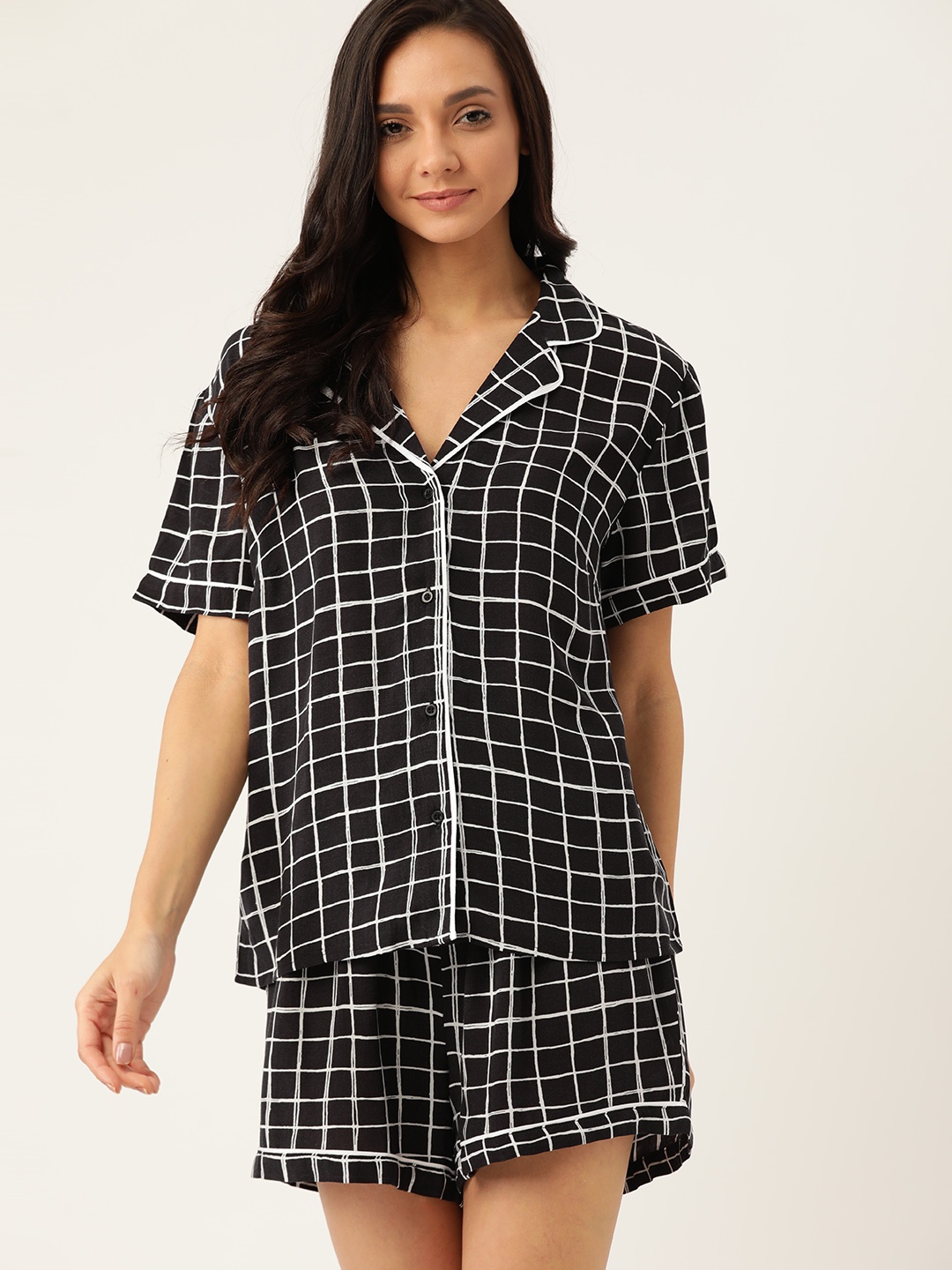 

ETC Women Black & White Checked Night suit