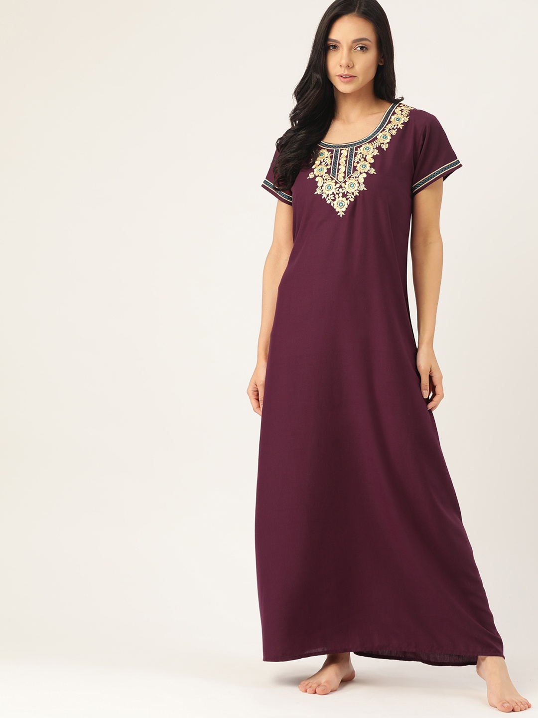 

ETC Purple & Beige Yoke Design Embroidered Maxi Nightdress with Mirror Work