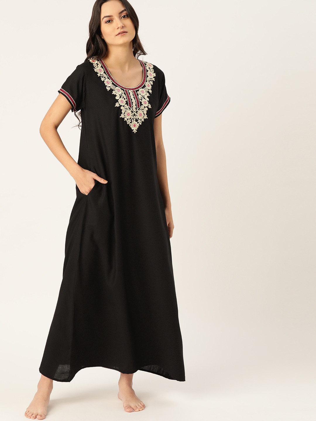 

ETC Women Black Embroidered Detail Maxi Nightdress
