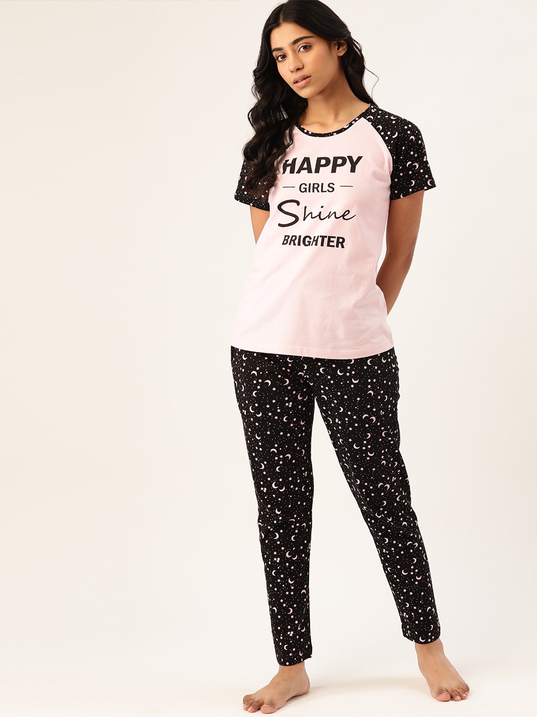 

ETC Women Pink & Black Printed Pure Cotton Night suit