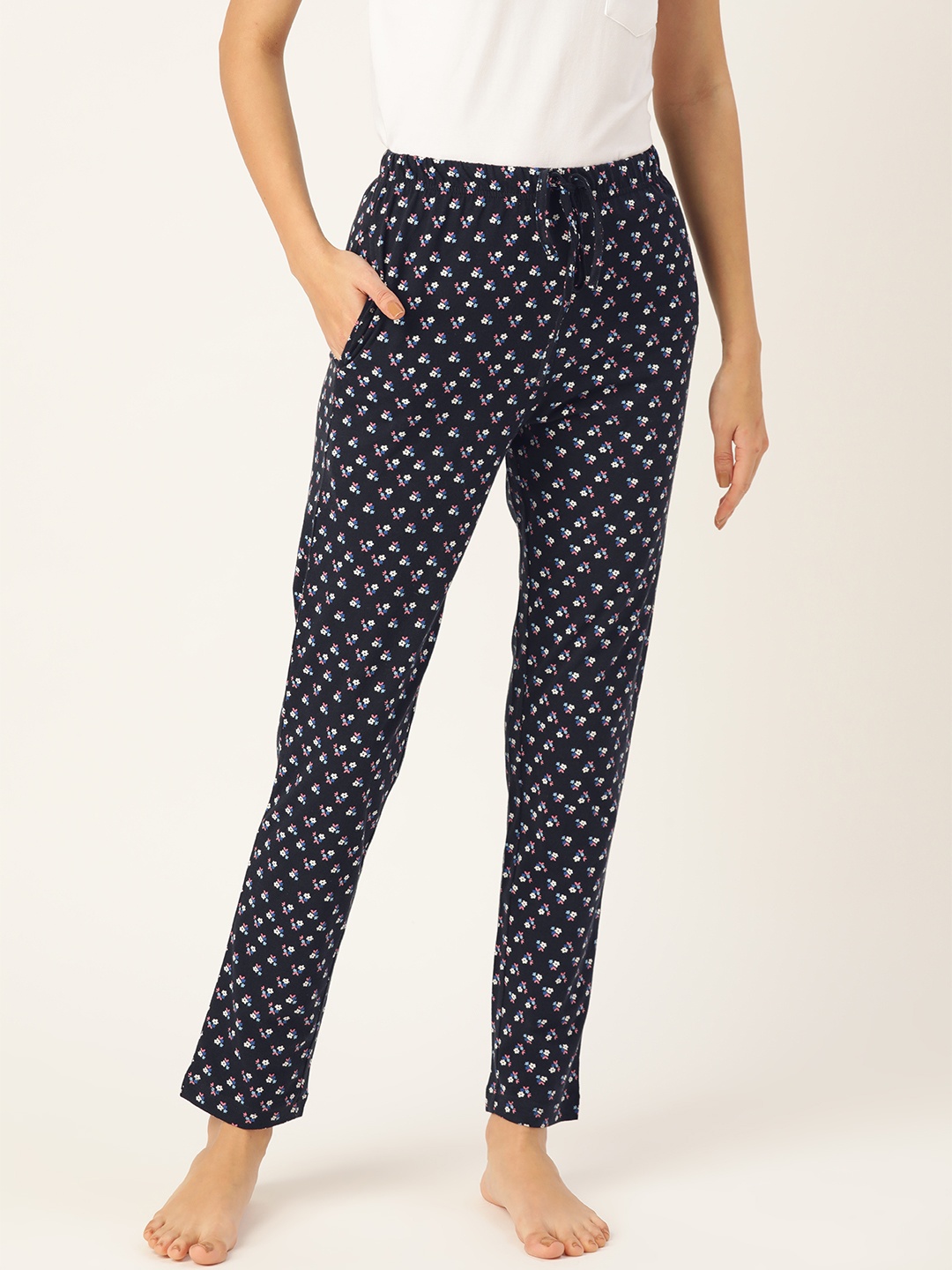 

ETC Women Navy & White Pure Cotton Floral Print Lounge Pants, Navy blue