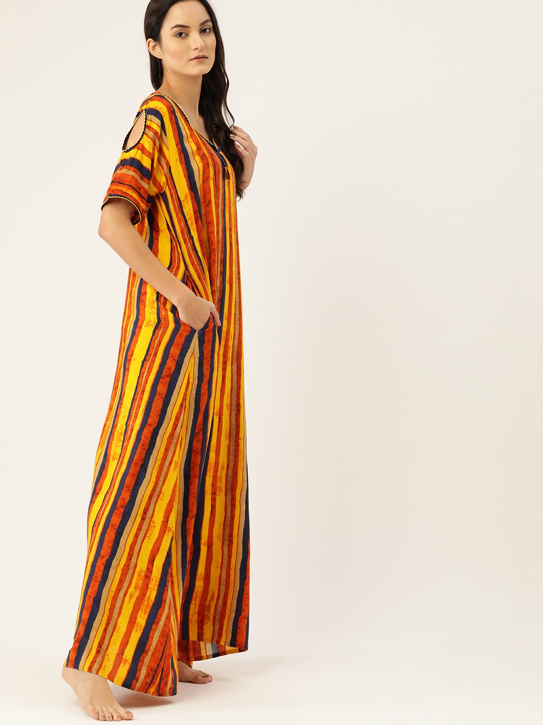 

ETC Mustard Yellow & Rust Orange Striped Maxi Nightdress with Bow Detail