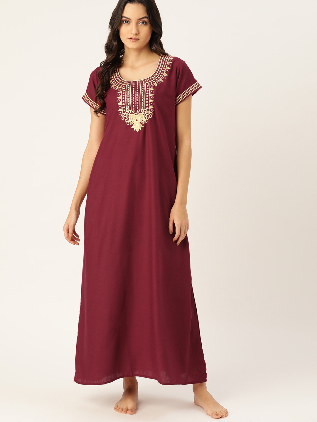 

ETC Women Maroon Embroidered Detail Maxi Nightdress
