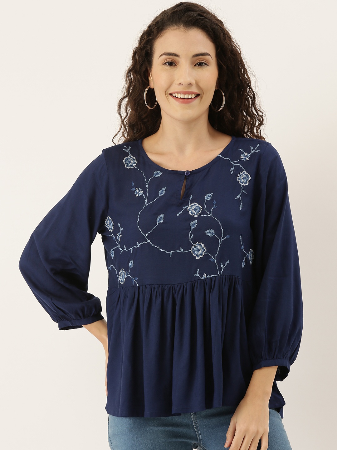 

AND Women Blue Embroidered Top