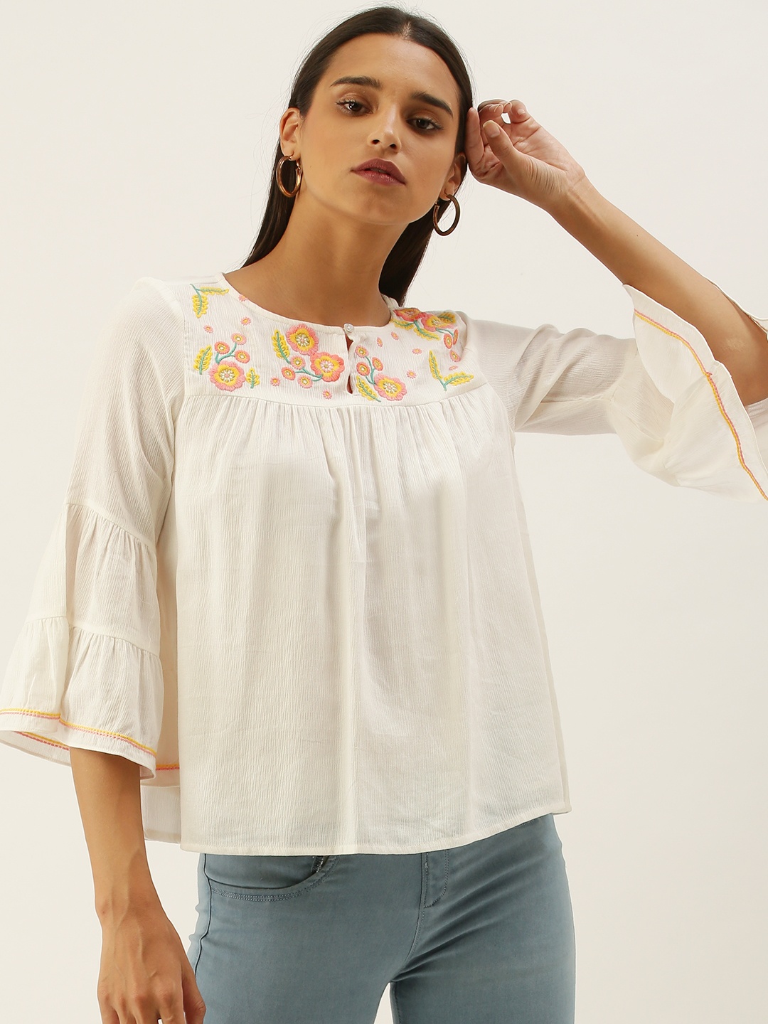 

AND White Floral Embroidered Keyhole Neck Bell Sleeve Regular Top
