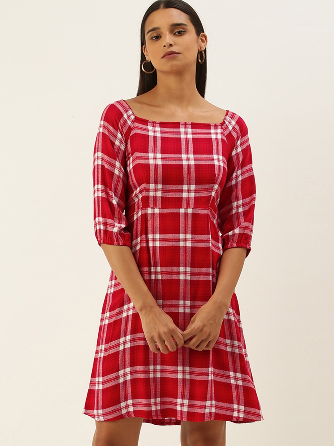

AND Red & White Checked Boat Neck A-Line Dress