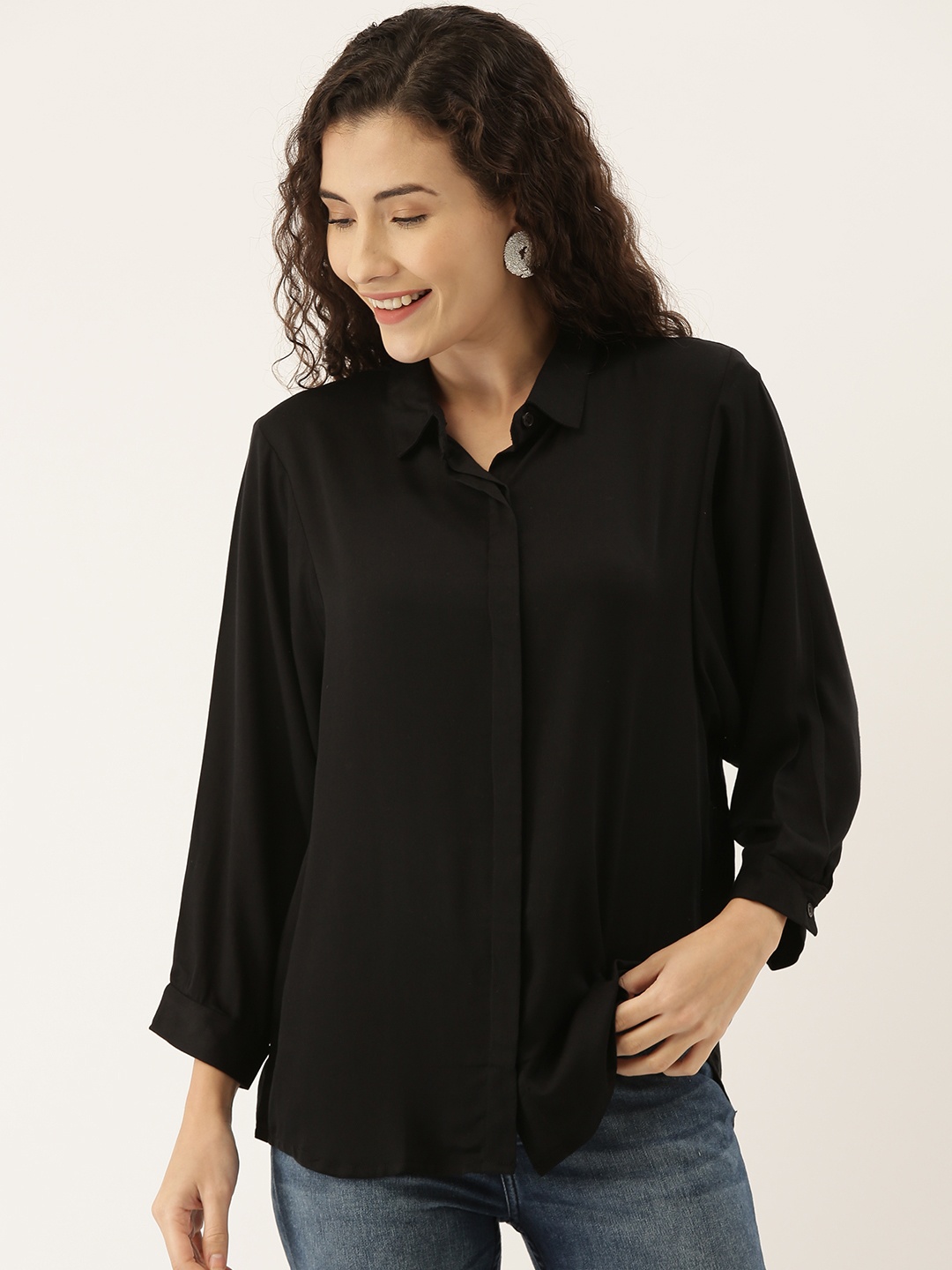 

AND Women Black Regular Fit Solid Casual Shirt