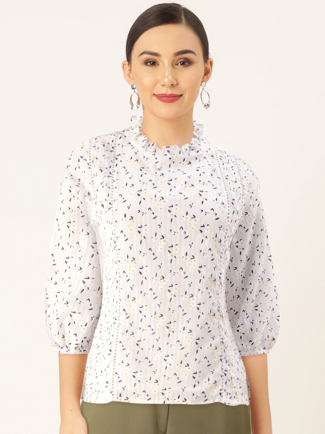 

AND Women White & Navy Blue Floral Printed Pleated Top