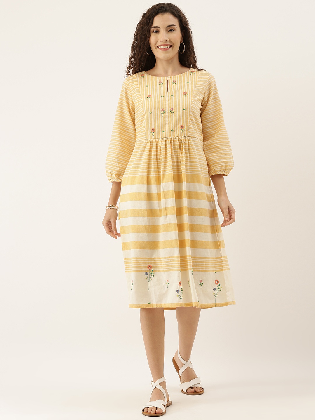 

AND Women Yellow & Off-White Striped A-Line Dress