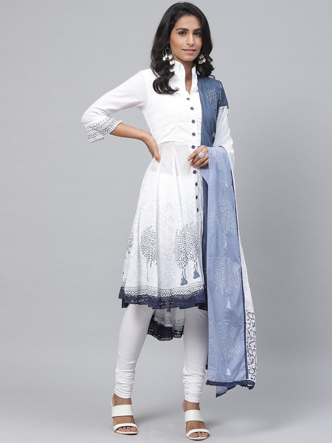 

Biba Women White & Navy Blue Ethnic Embroidered Kurta with Churidar & Dupatta