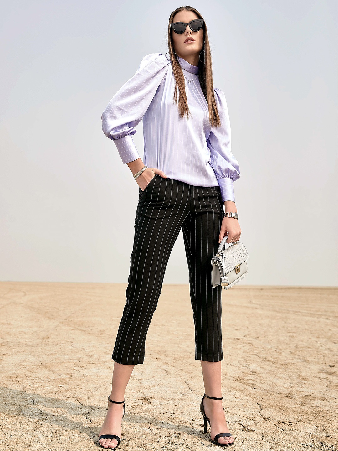 

Crimsoune Club Women Black Smart Regular Fit Striped Cigarette Trousers