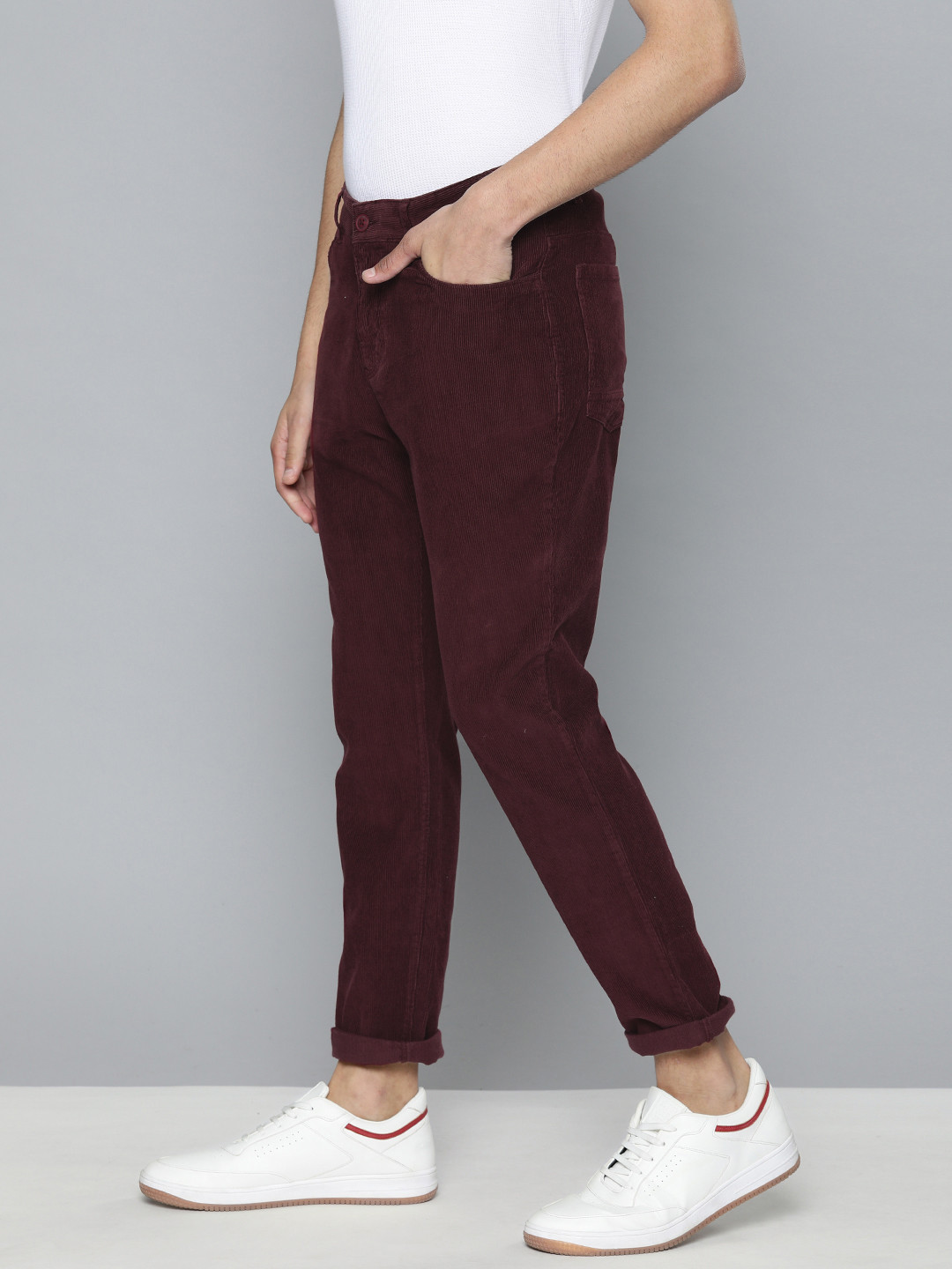 

Mast & Harbour Men Burgundy Solid Corduroy Regular Trousers