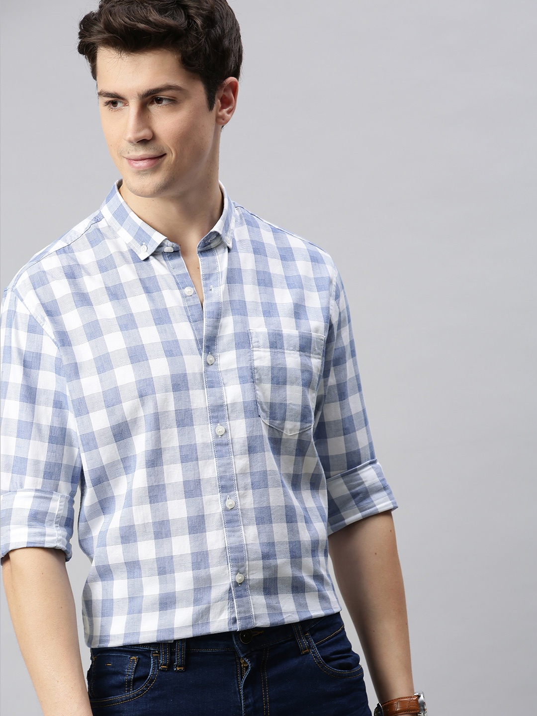 

Mast & Harbour Men White & Blue Slim Fit Checked Button-Down Collar Casual Shirt