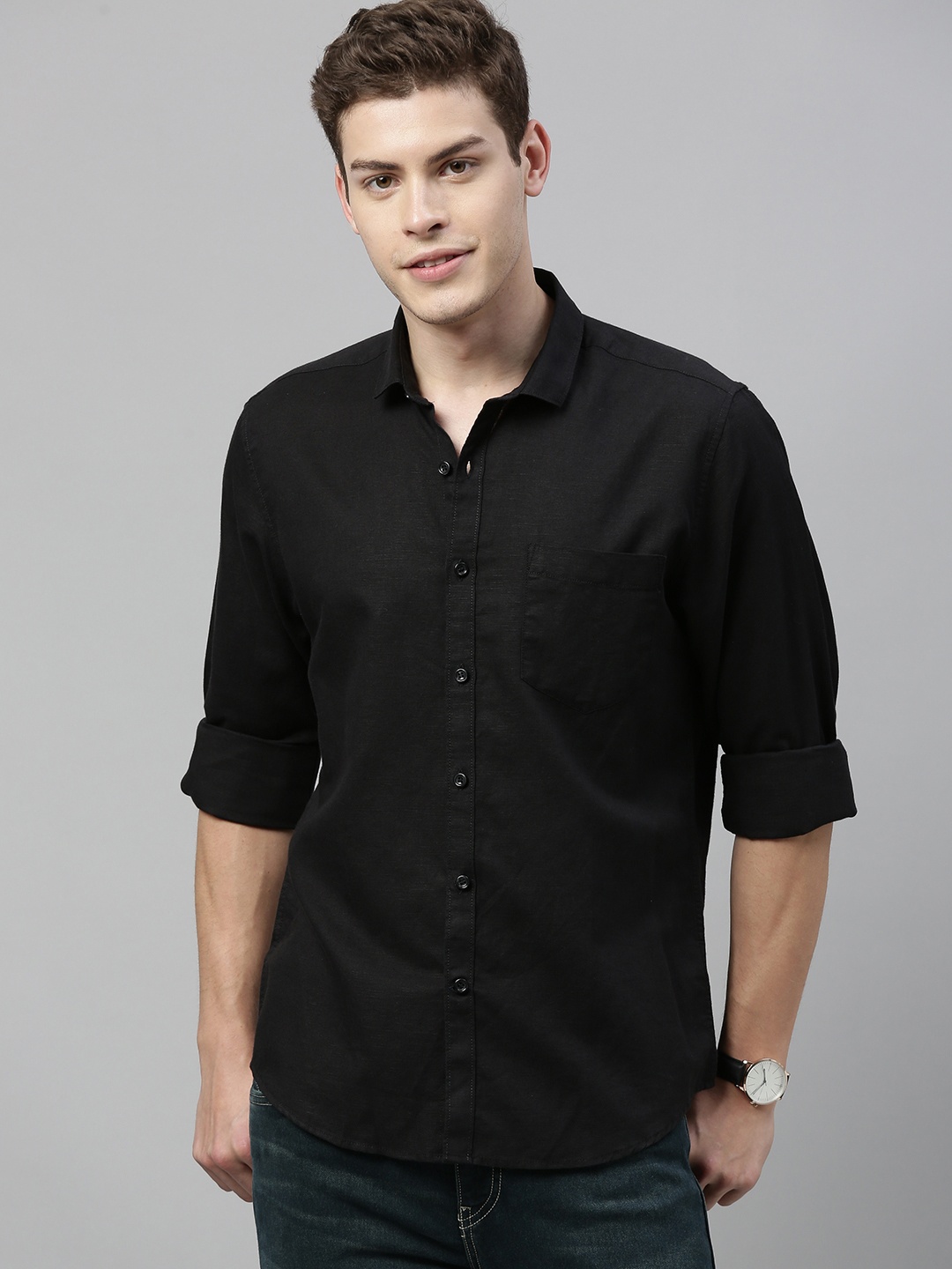

Mast & Harbour Men Black Regular Fit Solid Sustainable Casual Cotton Linen Shirt