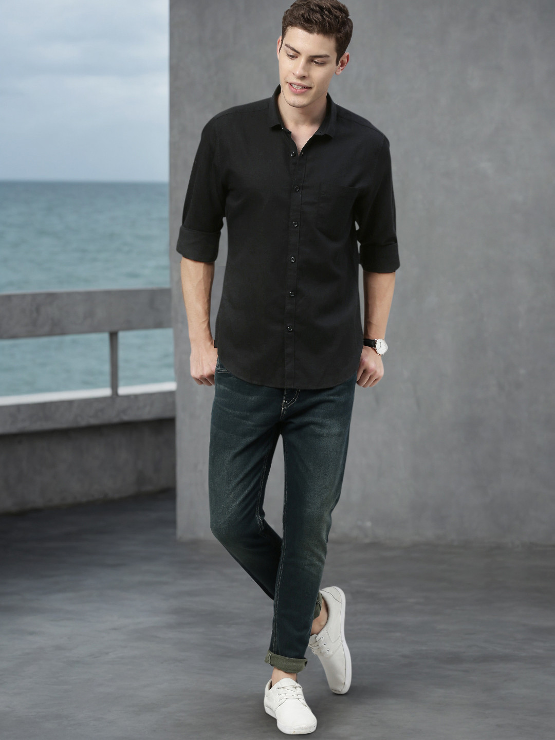 Mast & Harbour Men Black Regular Fit Solid Casual Cotton Linen Shirt